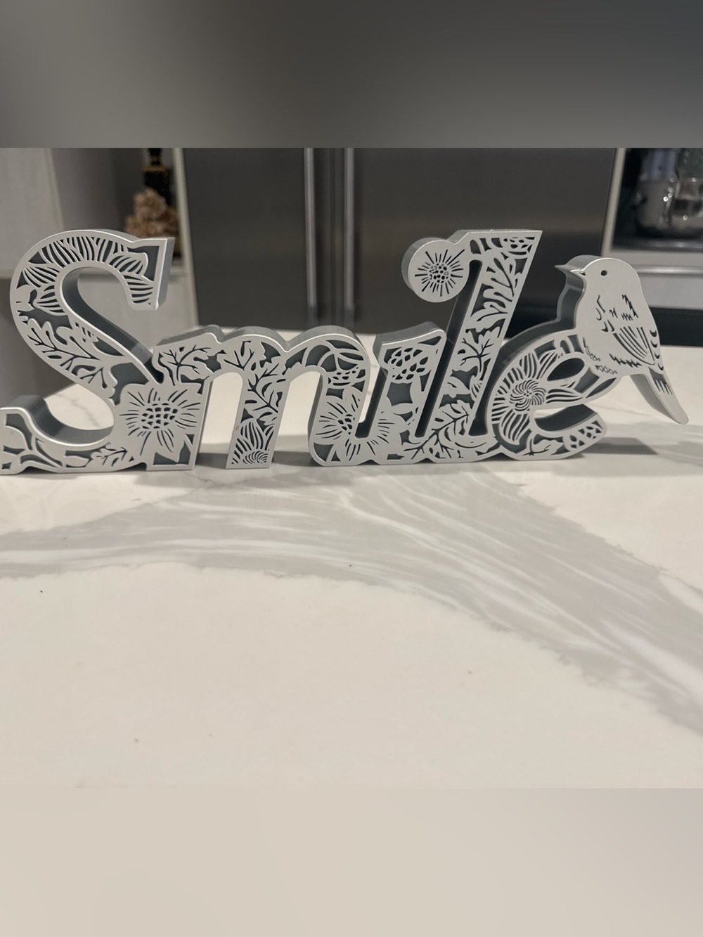 Decorative Script 'smile' Table Sign - White with Gray Floral Cutout